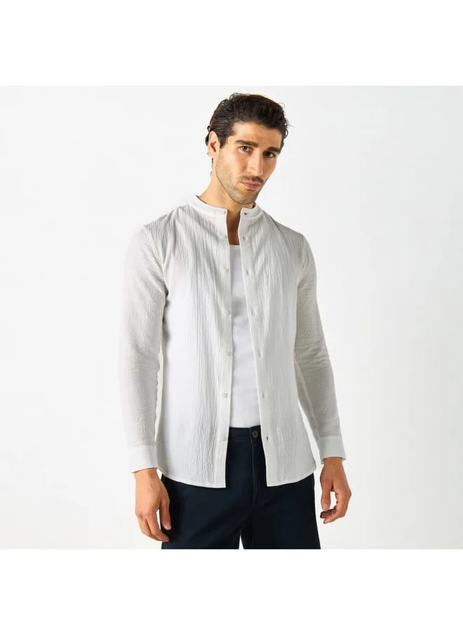 Iconic Iconic Textured Shirt with Mandarin Collar and Long Sleeves