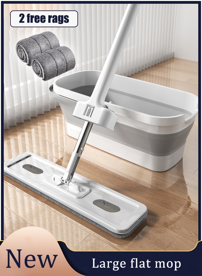 Floor Mop and Bucket Set,Large Flat Mop with Foldable Bucket,360° Spinning Flat Mop with 2 Microfiber Pads and Dewatering Scraper,Self Wash Wall Mop,for Tile Floor Wall Cleaning Wet and Dry Use(White) - Image 1