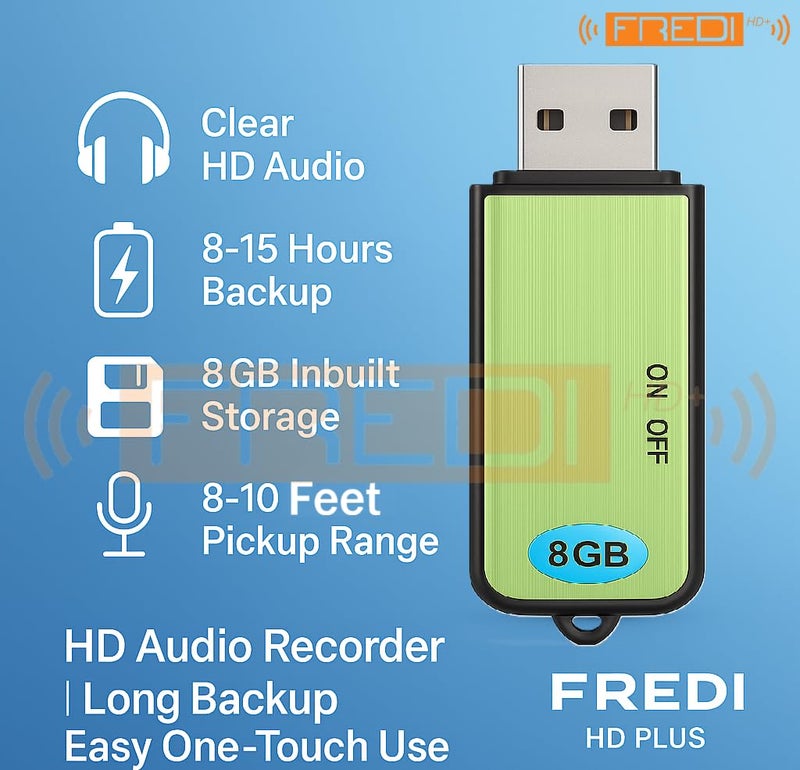 FREDI HD PLUS 8GB USB Voice Recorder | Clear HD Audio Recording Pen Drive | One-Touch Operation | 8-15 Hours Backup | Plug & Play Digital Recorder for Meetings, Classes & Office (8GB Inbuilt Memory) - Image 2