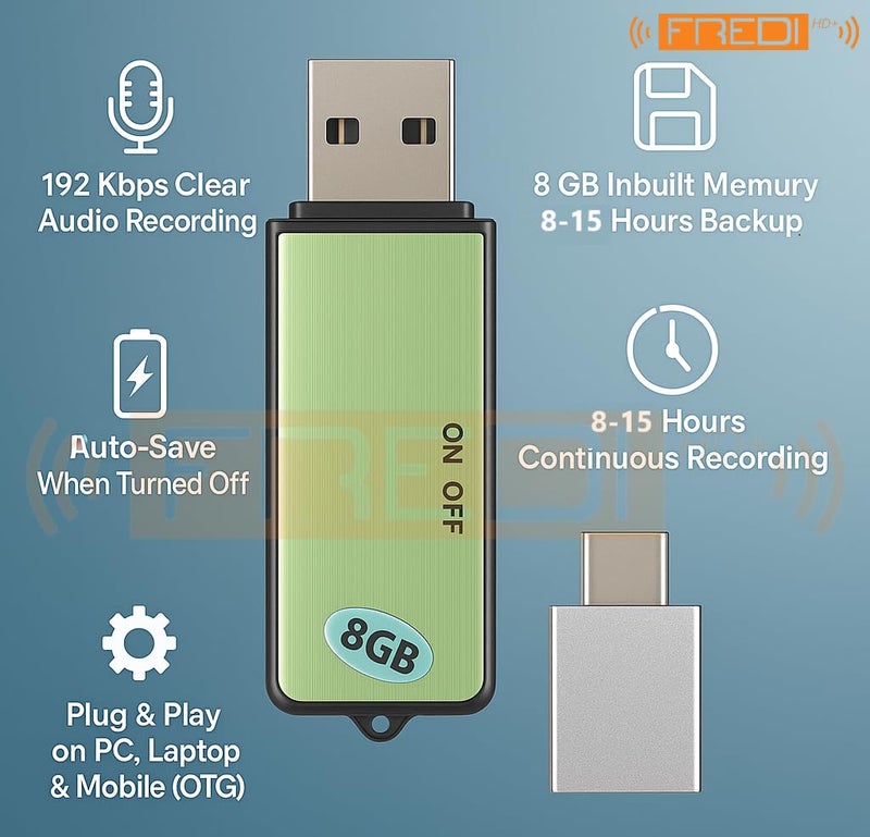 FREDI HD PLUS 8GB USB Voice Recorder | Clear HD Audio Recording Pen Drive | One-Touch Operation | 8-15 Hours Backup | Plug & Play Digital Recorder for Meetings, Classes & Office (8GB Inbuilt Memory) - Image 5