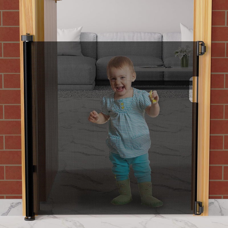 Cherilo Baby Safety Gate, Retractable Mesh, Baby Fence Barrier Expandable Up to 150cm Width, Child Gate for Stairs, Doorways, Pet Safety Gate - Black - Image 1