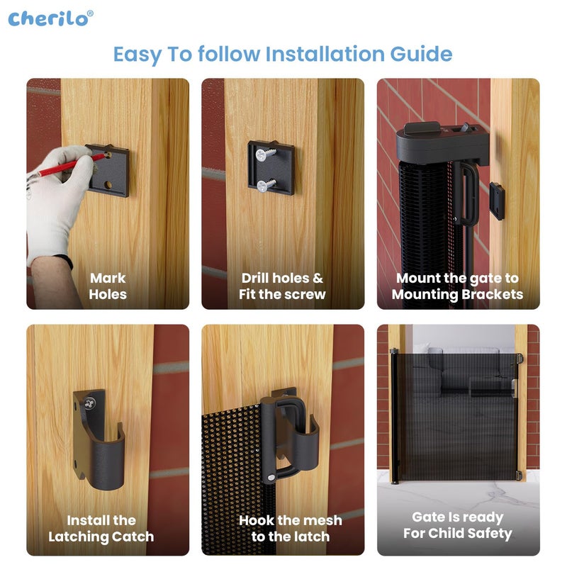 Cherilo Baby Safety Gate, Retractable Mesh, Baby Fence Barrier Expandable Up to 150cm Width, Child Gate for Stairs, Doorways, Pet Safety Gate - Black - Image 2