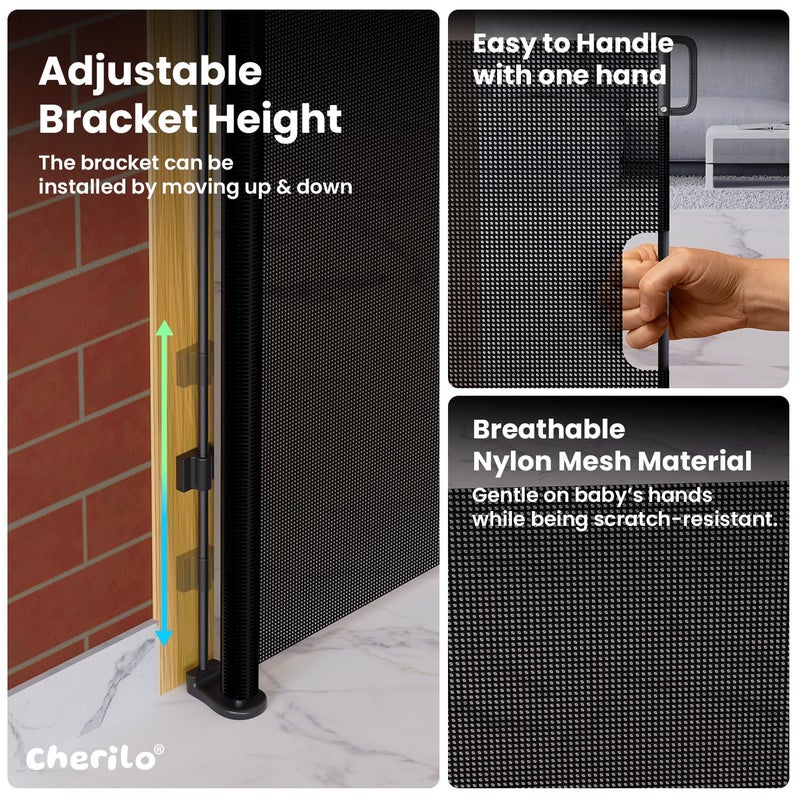 Cherilo Baby Safety Gate, Retractable Mesh, Baby Fence Barrier Expandable Up to 150cm Width, Child Gate for Stairs, Doorways, Pet Safety Gate - Black - Image 4
