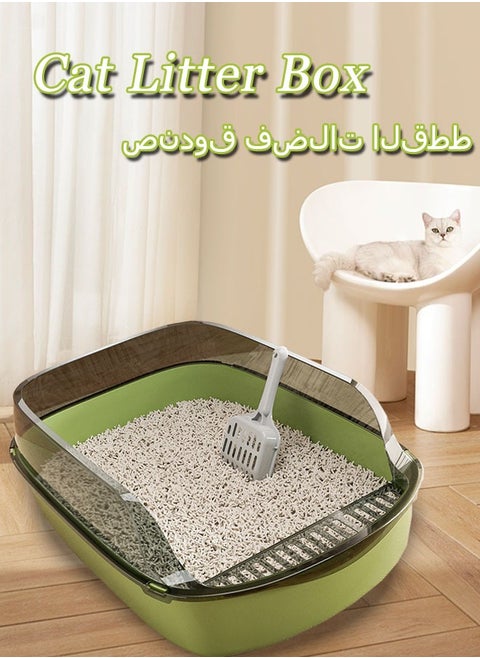Semi-Enclosed Sifting Litter Box High Sides Cat Litter Box Anti-Splash with Spoon Clean Cat Pet Tray Kitten Open Top Litter Tray Travel Cat Toilet Cat Litter Pan(Green)