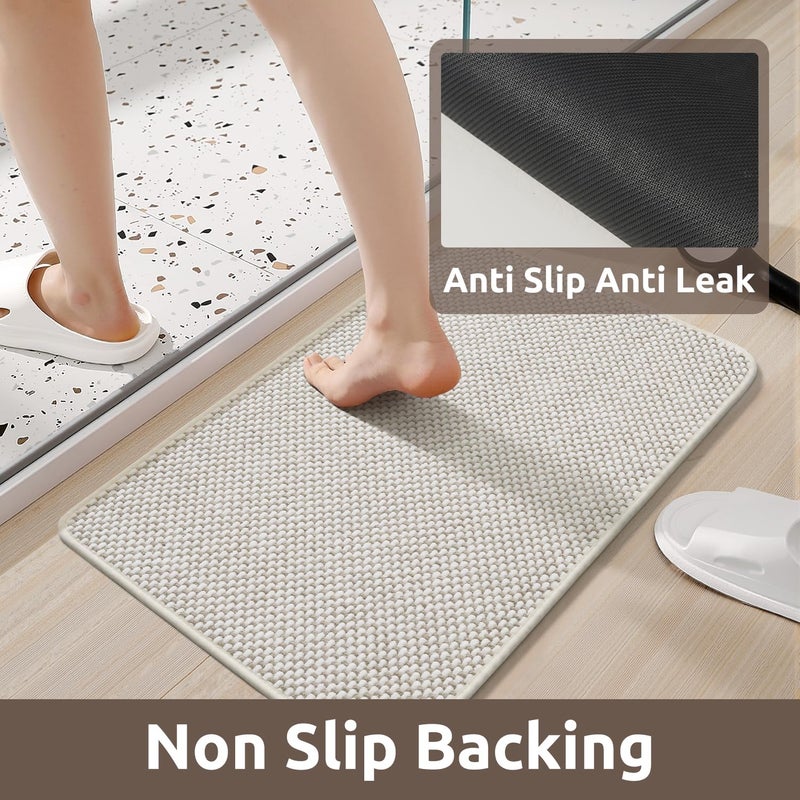 AMOAMI Chenille Bath Mat Super Absorbent Bathroom Mat Quick Dry Bath Mats for Bathroom Rubber Backed Bathroom Rugs Non Slip Washable Fit Under Door, Front of Bathtub, Sink, Beige&White 17"x24" - Image 4