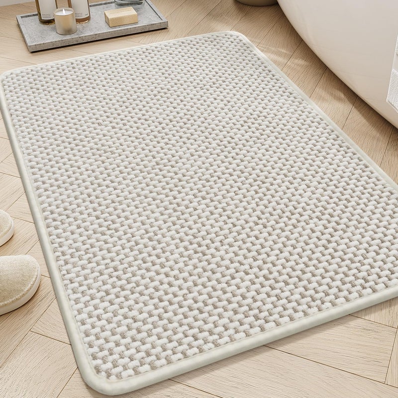 AMOAMI Chenille Bath Mat Super Absorbent Bathroom Mat Quick Dry Bath Mats for Bathroom Rubber Backed Bathroom Rugs Non Slip Washable Fit Under Door, Front of Bathtub, Sink, Beige&White 17"x24" - Image 1