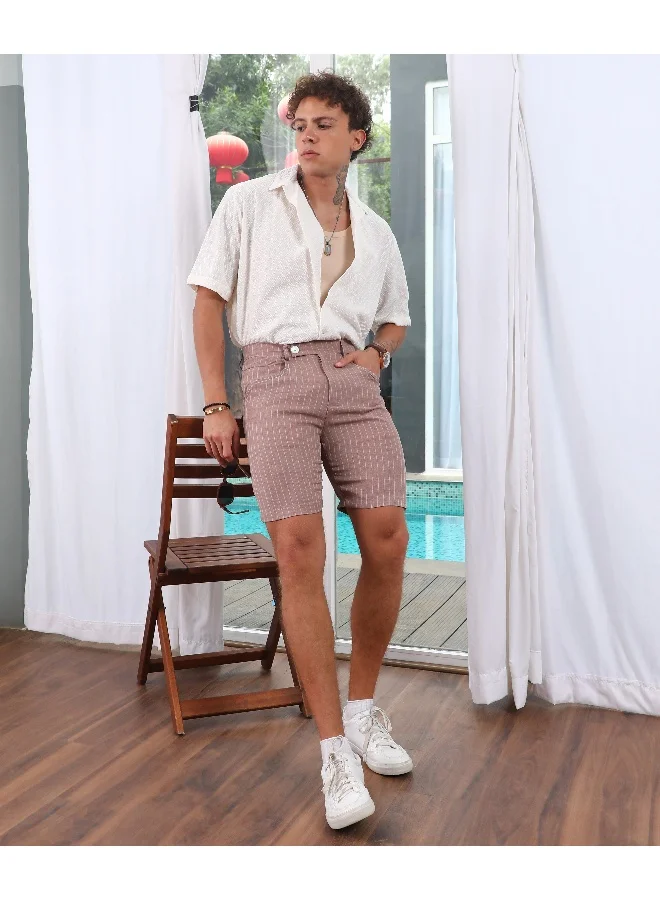 CAHOOT  Men's Chestnut Brown Pinstriped Shorts For Casual Wear | Mid-Rise | 4 Pockets | Button Closure | Shorts Crafted With Comfort Fit For Everyday Wear for Men | Best Price UAE