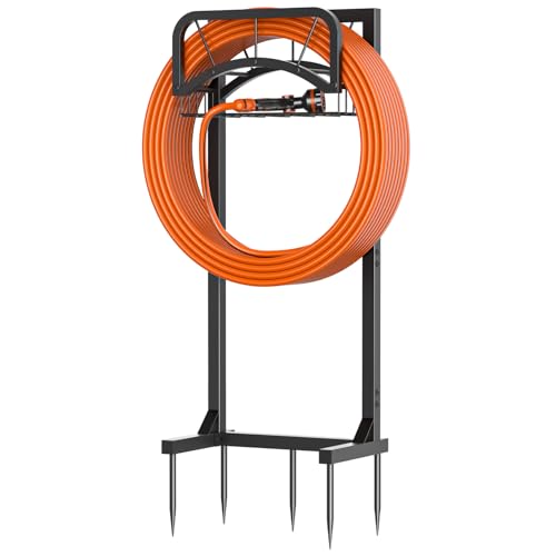 ONWAYHOME Garden Hose Holder, Upgraded Heavy Duty Freestanding Water Hose Holder Stand with Storage Basket, Holds Up to 160 FT Hose for Outside Yard Lawn Farm, Black - Image 1