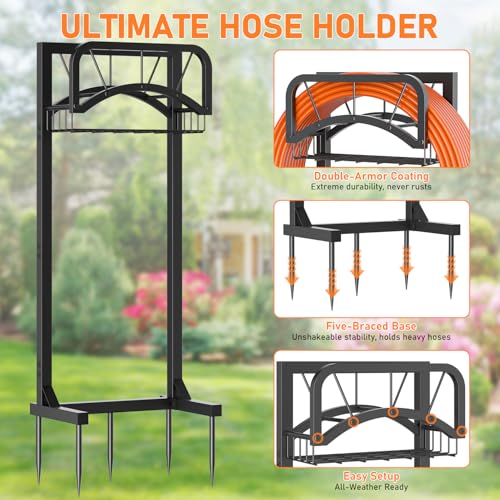 ONWAYHOME Garden Hose Holder, Upgraded Heavy Duty Freestanding Water Hose Holder Stand with Storage Basket, Holds Up to 160 FT Hose for Outside Yard Lawn Farm, Black - Image 2
