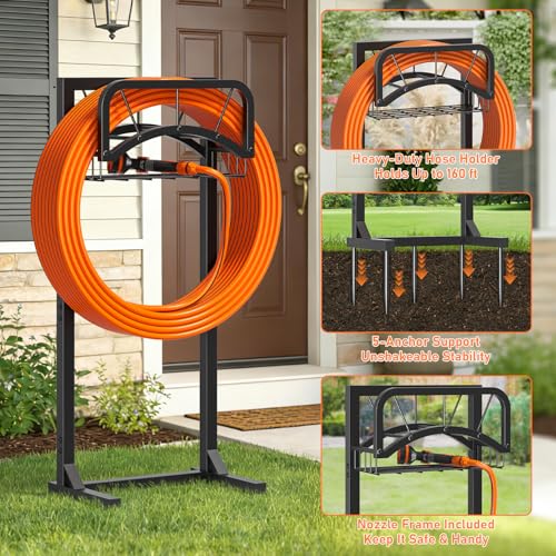 ONWAYHOME Garden Hose Holder, Upgraded Heavy Duty Freestanding Water Hose Holder Stand with Storage Basket, Holds Up to 160 FT Hose for Outside Yard Lawn Farm, Black - Image 4