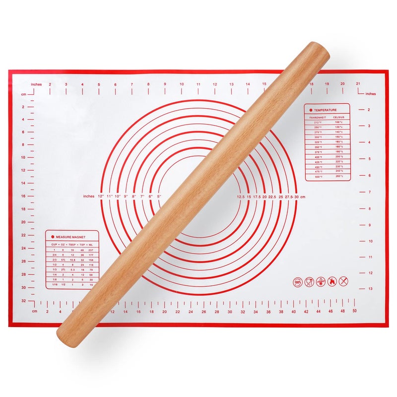 Wood French Rolling Pin for Baking QUELLANCE Wooden Dough Roller with Silicone Baking Mat Beech Wood Rolling Pins for Baking Dough Pizza Pie Pastries Pasta and CookiesRed Pastry Mat