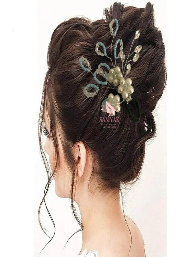 Samyak Combo of 2 Pcs Wedding Hair Pins | Crystal & Pearl Beaded For Bridal Bridesmaid Hair Accessories (BlueGold) - Image 2
