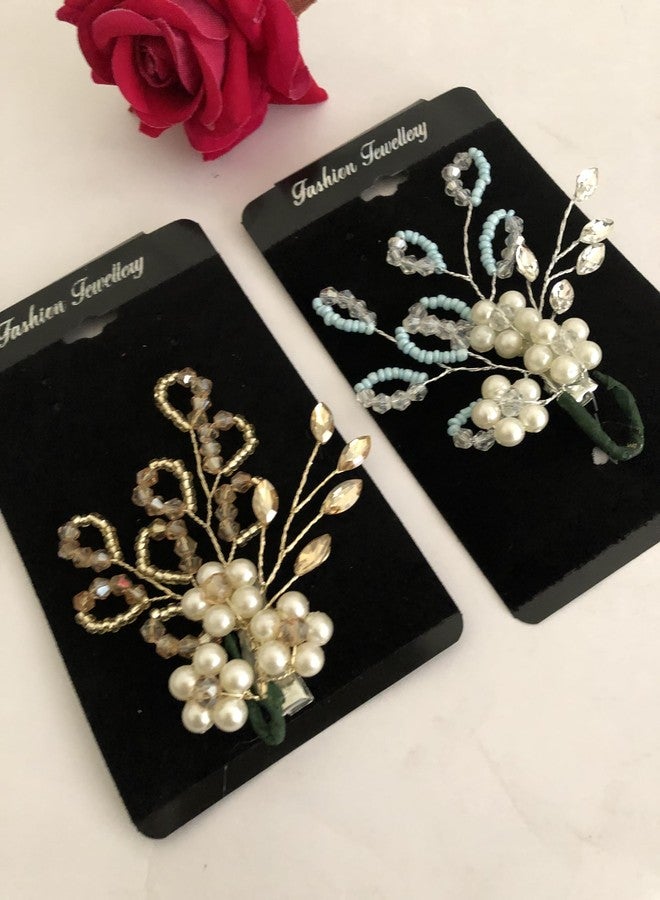 Samyak Combo of 2 Pcs Wedding Hair Pins | Crystal & Pearl Beaded For Bridal Bridesmaid Hair Accessories (BlueGold) - Image 1