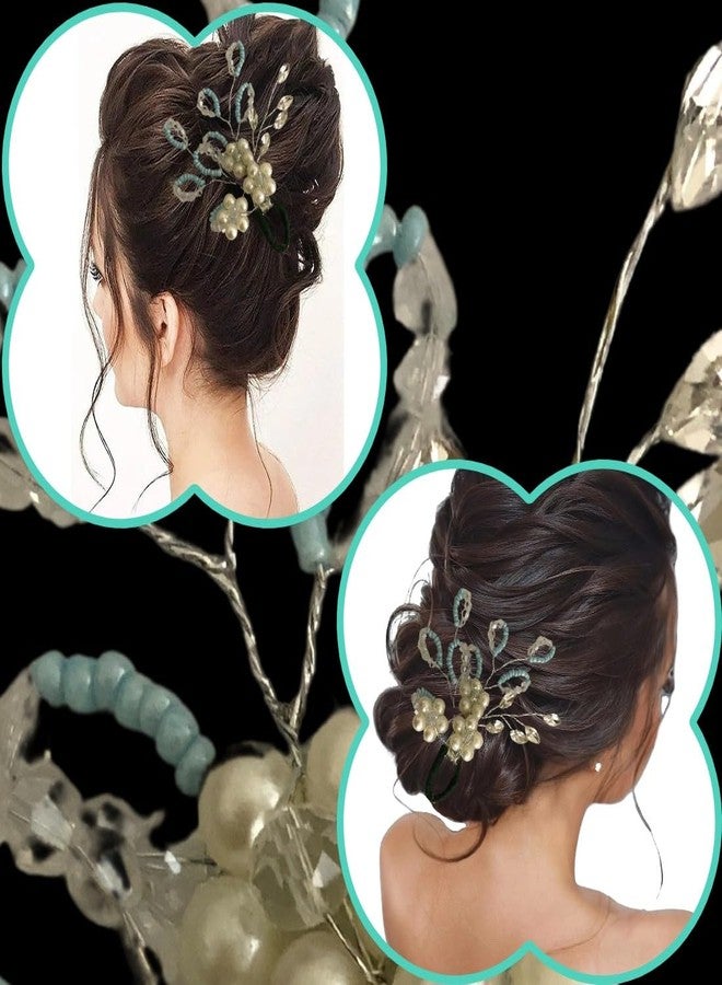 Samyak Combo of 2 Pcs Wedding Hair Pins | Crystal & Pearl Beaded For Bridal Bridesmaid Hair Accessories (BlueGold) - Image 5