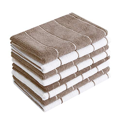 HYER KITCHEN Microfiber Kitchen Towels - Super Absorbent, Soft and Solid Color Dish Towels, 8 Pack (Stripe Designed Brown and White Colors), 26 x 18 Inch - Image 1
