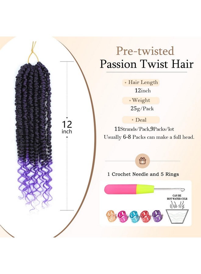 Befunny Pre-twisted passion twist hair Purple, 12 Inch 9 Packs Pretwisted Passion Twist Crochet Hair,Soft Pre Looped Curly Ombre Brown Crochet Hair For Women,Short Crochet Braids(12",Tpurple#) - Image 2