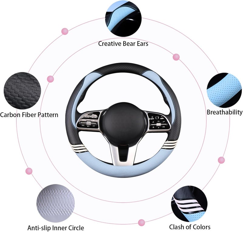 Binsheo Cute Steering Wheel Cover for Women Men Leather Universal 15 inch,Black and Blue - Image 4