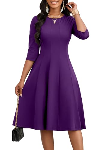 CLOCOR Casual Midi Dresses for Women A-Line Fit and Flare Elegant Evening Cocktail Church 3/4 Sleeve Dress with Pocket Purple - Image 1