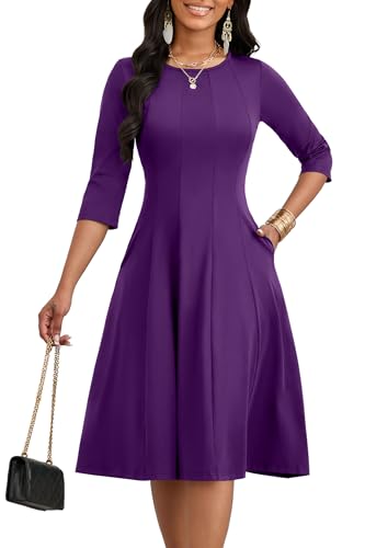 CLOCOR Casual Midi Dresses for Women A-Line Fit and Flare Elegant Evening Cocktail Church 3/4 Sleeve Dress with Pocket Purple - Image 2