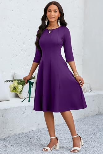 CLOCOR Casual Midi Dresses for Women A-Line Fit and Flare Elegant Evening Cocktail Church 3/4 Sleeve Dress with Pocket Purple - Image 4