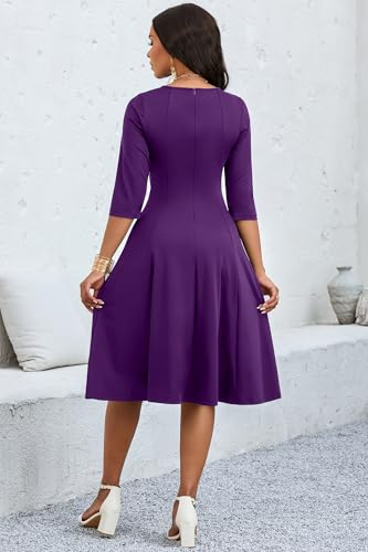 CLOCOR Casual Midi Dresses for Women A-Line Fit and Flare Elegant Evening Cocktail Church 3/4 Sleeve Dress with Pocket Purple - Image 5