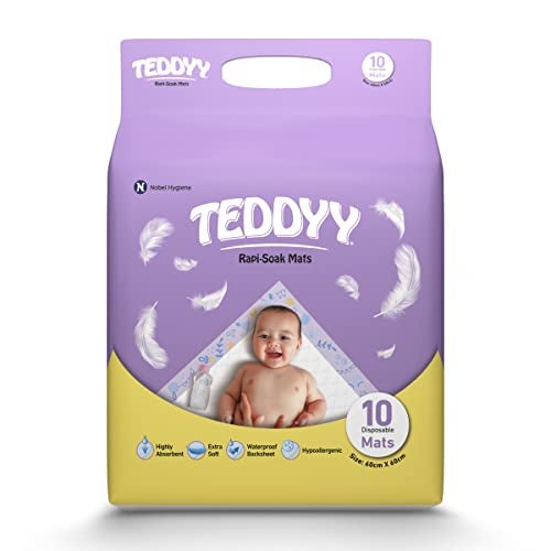 TEDDYY Baby Disposable Rapi-Soak Changing Mats Size - 60 X 60 Cm | 10 Count | Highly Absorbent | Unisex | Anti-Rash | Extra Soft top layer | Anti-Bacterial & Leak- Proof - Image 1