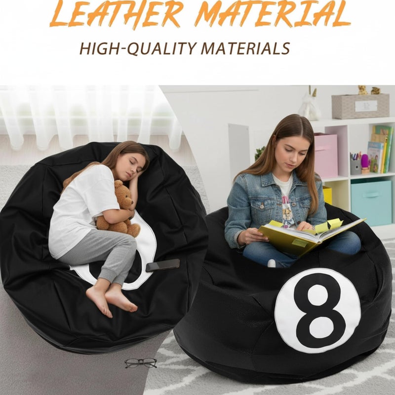 AceOrbit 8 Ball Bean Bag Chair Cover Black 8 Ball Stuffed Leather Bean Bag Storage for Animal Organizing Plush Toys, Plush Toys Organizer PU Leather Black 8 Billiard Decor for Living Room (No Filling) - Image 4