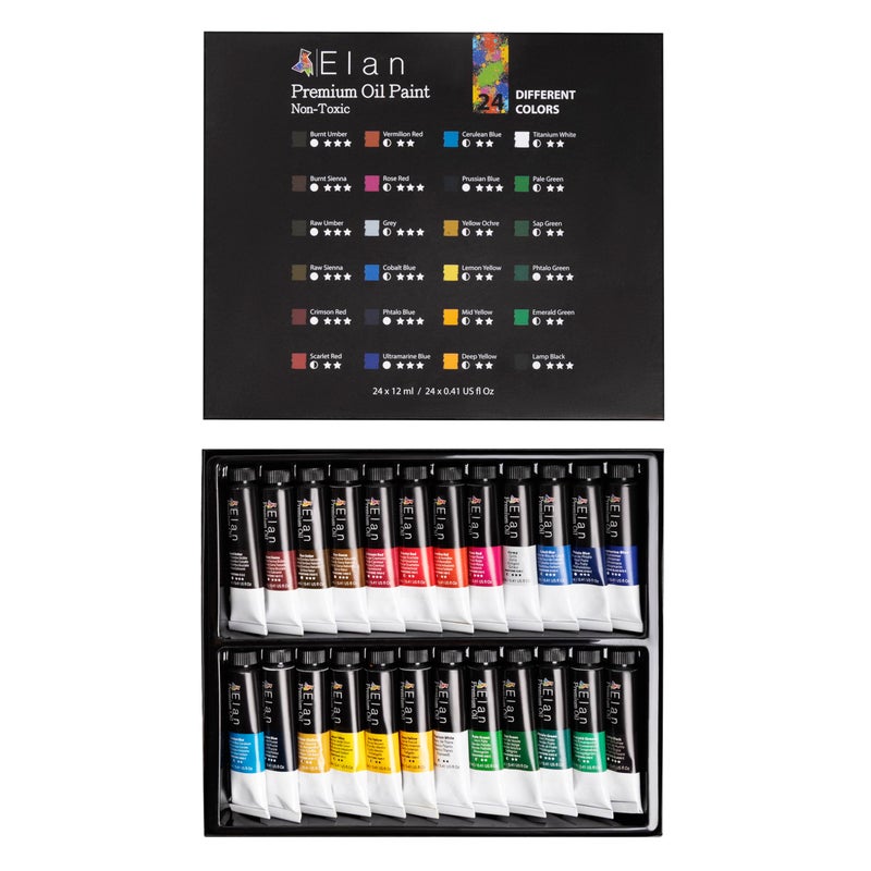 مجموعة ألوان زيتية احترافية من إيلان 24 لون زاهي أنابيب صغيرة 04 أونصة ألوان زيتية غير سامة للرسم على القماش ألوان للرسم للبالغين والفنانين