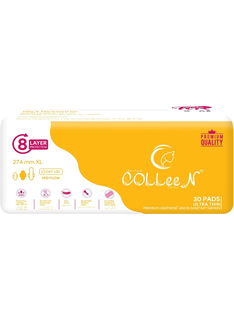 Colleen Ultra Thin Premium Graphene Anion XL Sanitary Napkin 274 MM Mid Flow Day Use 30Pads - Image 1