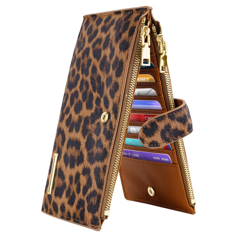 Coco Rossi Womens RFID Blocking Glitter Leather Multi Card Organizer Bifold Black Wallet with Zipper Pocket,Leopard - Image 1
