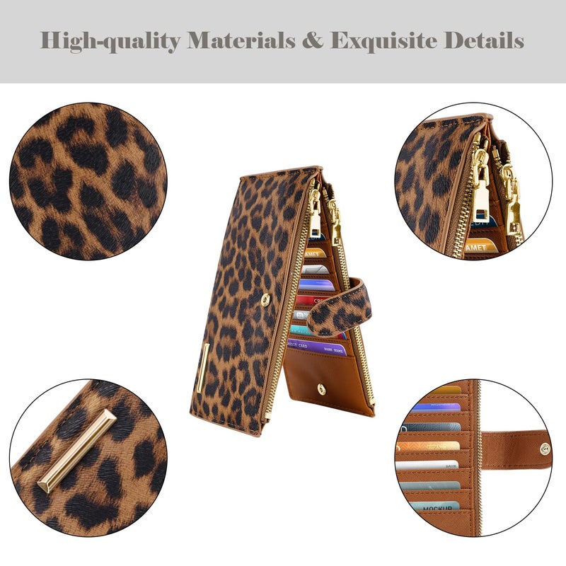 Coco Rossi Womens RFID Blocking Glitter Leather Multi Card Organizer Bifold Black Wallet with Zipper Pocket,Leopard - Image 4