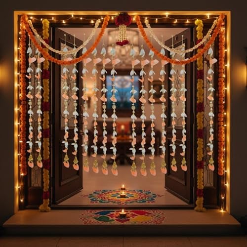 SHAKTISM Pom Pom Door Toran Latkan Hanging, 4.4 Feet, Traditional Indian Decorative Set of 2 Pairs, Golden Beads, Mirror and Bells (Orange) - Image 4