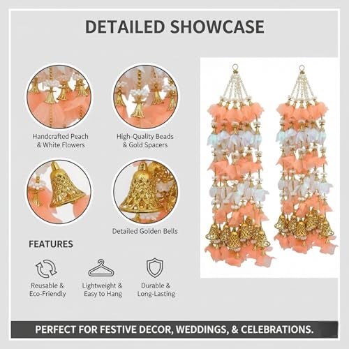 SHAKTISM Pom Pom Door Toran Latkan Hanging, 4.4 Feet, Traditional Indian Decorative Set of 2 Pairs, Golden Beads, Mirror and Bells (Orange) - Image 3