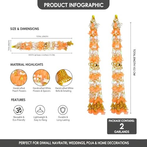 SHAKTISM Pom Pom Door Toran Latkan Hanging, 4.4 Feet, Traditional Indian Decorative Set of 2 Pairs, Golden Beads, Mirror and Bells (Orange) - Image 2