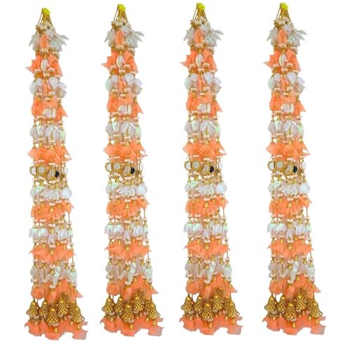 SHAKTISM Pom Pom Door Toran Latkan Hanging, 4.4 Feet, Traditional Indian Decorative Set of 2 Pairs, Golden Beads, Mirror and Bells (Orange) - Image 1