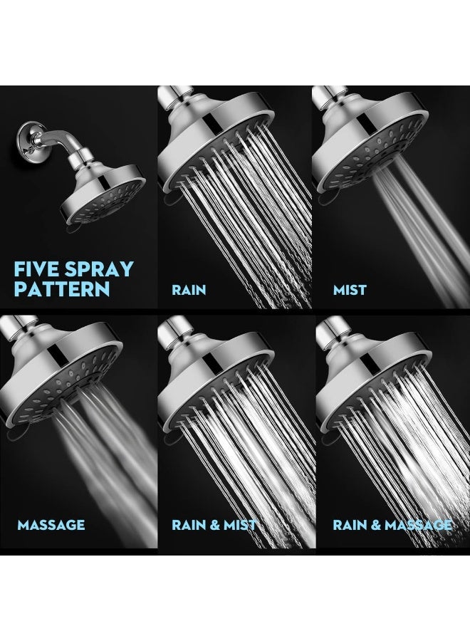 High Pressure Shower Head 5 Settings Fixed Showerhead 4 Inch High Flow Bathroom Showerhead with Adjustable Brass Ball Joint for Luxury Shower Experience Even at Low Water Pressure - Image 2