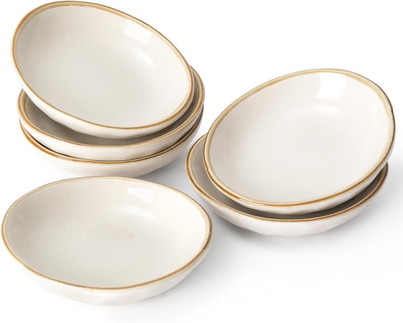 Famiware أطباق صلصة الصويا من فامي وير - 6 أكواب غمس بيضاوية - أطباق للمطبخ 21 أونصة - أطباق خزفية صغيرة للأطباق الجانبية والمقبلات والوجبات الخفيفة والسوشي - آمنة في غسالة الصحون - بيضاء فانيليا - Image 1