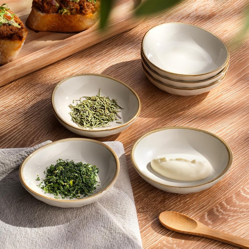 Famiware أطباق صلصة الصويا من فامي وير - 6 أكواب غمس بيضاوية - أطباق للمطبخ 21 أونصة - أطباق خزفية صغيرة للأطباق الجانبية والمقبلات والوجبات الخفيفة والسوشي - آمنة في غسالة الصحون - بيضاء فانيليا - Image 5