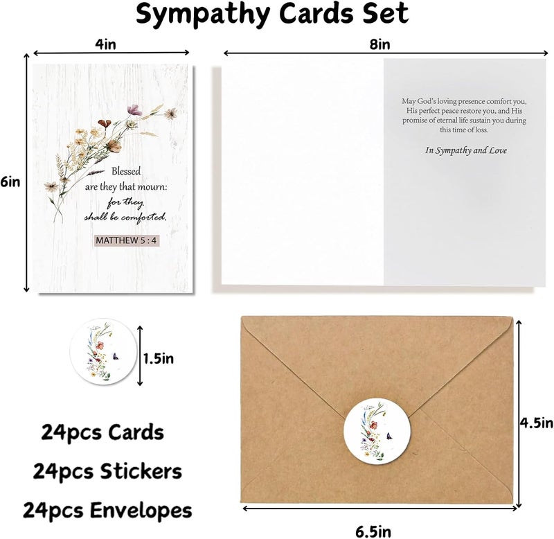 GFInYHM 24Pack Religious Sympathy Cards with Envelopes & Stickers, 6 Design Assortment Watercolor Floral Butterflies Condolence Card with Sentiments Inside, 4"x6" Boxed Sympathy Cards for Support Friends and Family - Image 4