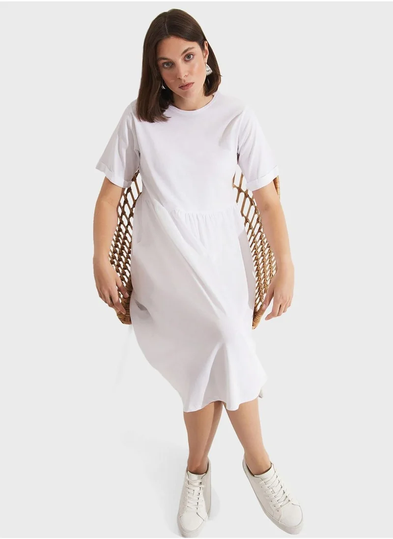 JUNE Pleated Crew Neck Dress