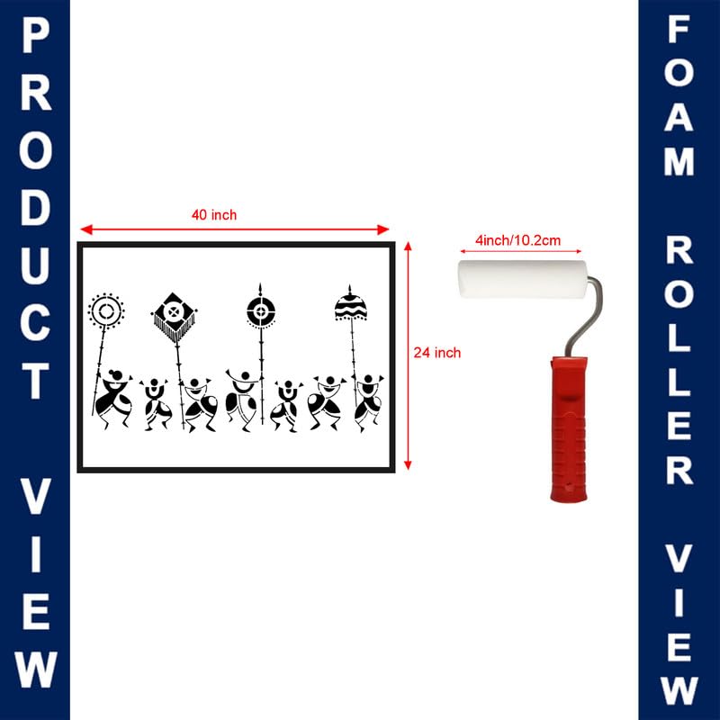 ARandNJ Wall Stencils for Painting (Size:- 24X40 Inch) Theme:- Warli Folk and PaintRoller Size-4inch DIY Reusable Painting Design Suitable for Bedroom, Drawing Room, Living Room - Image 2