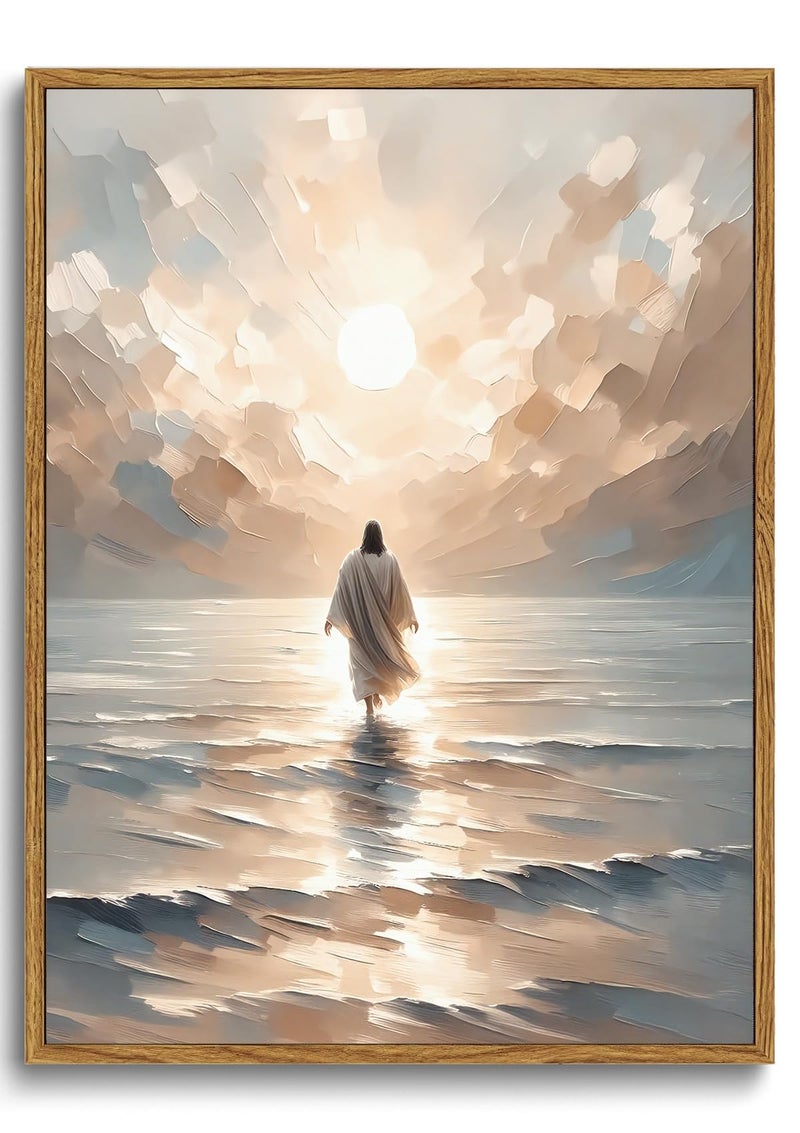 KISSFOX Jesus Canvas Wall Art Jesus Walking On Water Framed Wall Art Christian Religious Modern Serenity Prayer Canvas Art Prints Artwork For Prayer Room Living Room Bedroom Kitchen 12x16 inch - Image 2