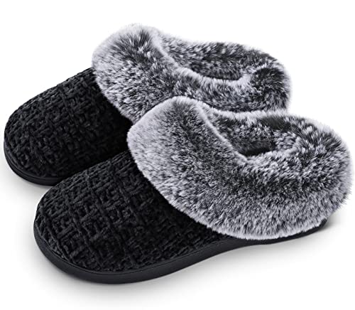 DL Women's House Slippers with Fuzzy Plush Faux Fur Collar, Memory Foam Slip on House Shoes with Indoor Outdoor Anti-Skid Rubber Sole, Black, 9-10 - Image 1