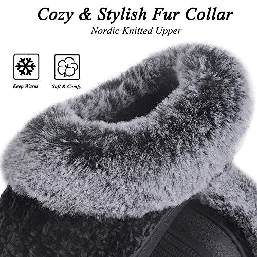 DL Women's House Slippers with Fuzzy Plush Faux Fur Collar, Memory Foam Slip on House Shoes with Indoor Outdoor Anti-Skid Rubber Sole, Black, 9-10 - Image 3