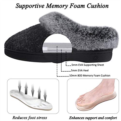 DL Women's House Slippers with Fuzzy Plush Faux Fur Collar, Memory Foam Slip on House Shoes with Indoor Outdoor Anti-Skid Rubber Sole, Black, 9-10 - Image 4