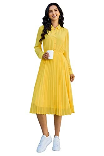 AbleTree Pleated Work Dress for Women Long Sleeve Midi Collared Dresses for Office Business Casual Church Yellow - Image 2