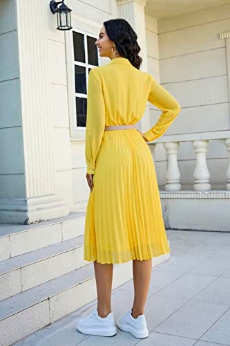 AbleTree Pleated Work Dress for Women Long Sleeve Midi Collared Dresses for Office Business Casual Church Yellow - Image 3