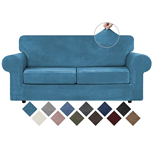 WEERRW Velvet Couch Covers for 2 Cushion Couch Sofa  High Stretch Velvet Plush 3 Pieces Sofa Slipcovers with Elastic Bottom Furniture Protector for Pets Machine Washable Peacock Blue Medium