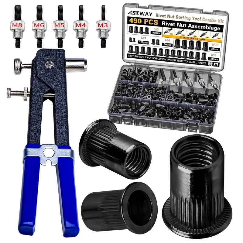 AskWay Pressure Rivet Nut Tool Kit, 430Pcs Metric Rivet Nuts Combination (M8/M6/M5/M4/M3), Suitable for Furniture, (Black 490PCS Rivet Nut Tool Kit) - Image 1
