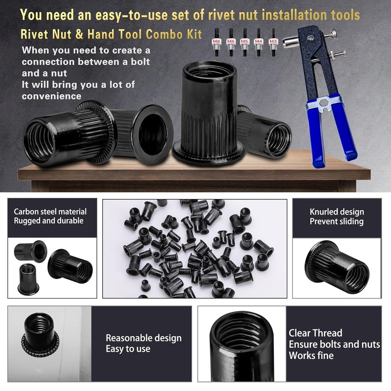 AskWay Pressure Rivet Nut Tool Kit, 430Pcs Metric Rivet Nuts Combination (M8/M6/M5/M4/M3), Suitable for Furniture, (Black 490PCS Rivet Nut Tool Kit) - Image 3